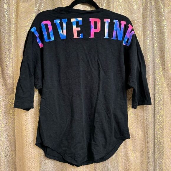 PINK Victorias Secret Black 3/4 Sleeve Watercolor Logo Shirt Small - Picture 1 of 6